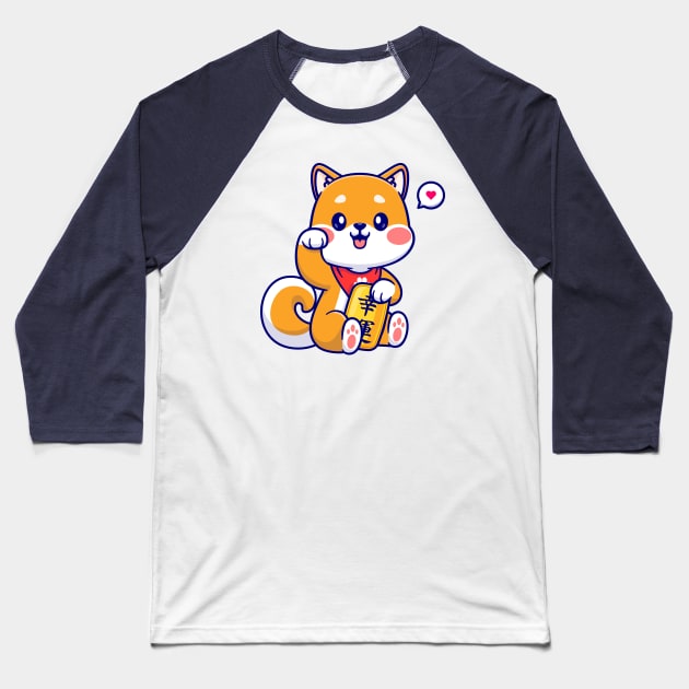 Cute Lucky Shiba Inu Holding Gold Coin Cartoon Baseball T-Shirt by Catalyst Labs